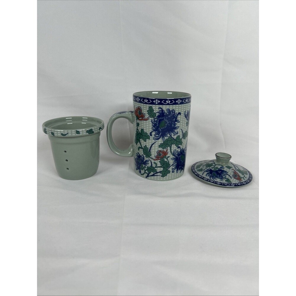 Chinese Porcelain Tea Mug With Lid & Infuser Floral Blue Green Tea Cup Tumbler